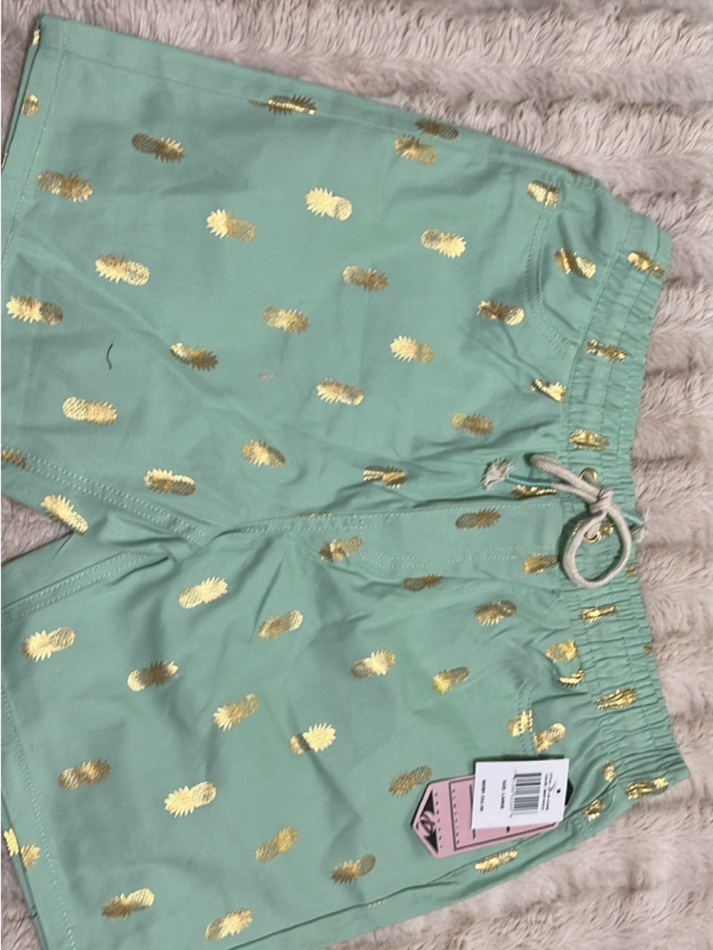 Men's Mint Green Flat Front Shorts with Gold Pineapple Print